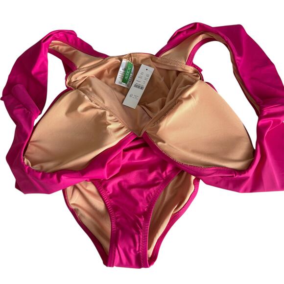 J.Crew Radiant Fuchsia Pink Ruched Ruffle One Piece Swimsuit Women’s Size 8 NWT - Picture 4 of 9